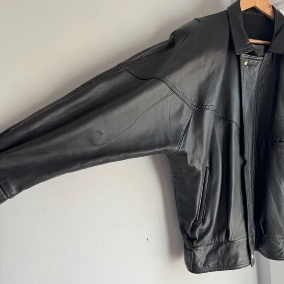 Vintage 80s 90s Oversized Leather Bomber Jacket Mens M Black Classic Moto Y2K - Picture 5 of 12